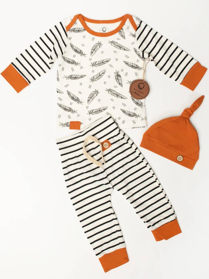 Stripes & Feathers Hipster Outfit for wholesale by Charlie James Artisan Boutique