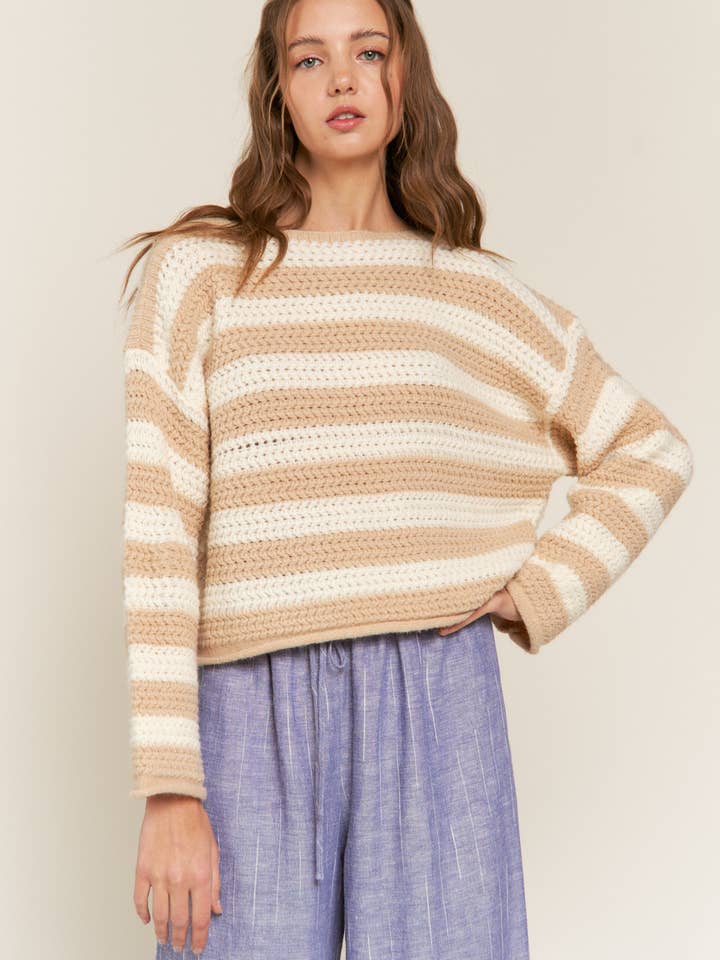 In The Beginning - Wholesale Knit Sweater - Women's - Beige Striped Knit Sweater8