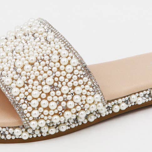 Mars Sky Shoes Wholesale - Wholesale Slides - Women's - Bamboo STARIE-07 Women Pearl Studded Slide Flat Sandal