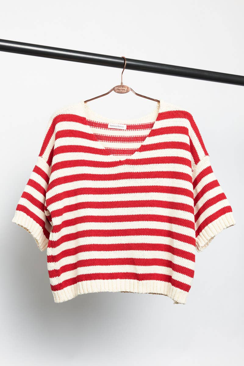 Newbury Kustom - Wholesale Knit Top - Women's - 11300-Striped Short Sleeve V-Neck Knit Top8