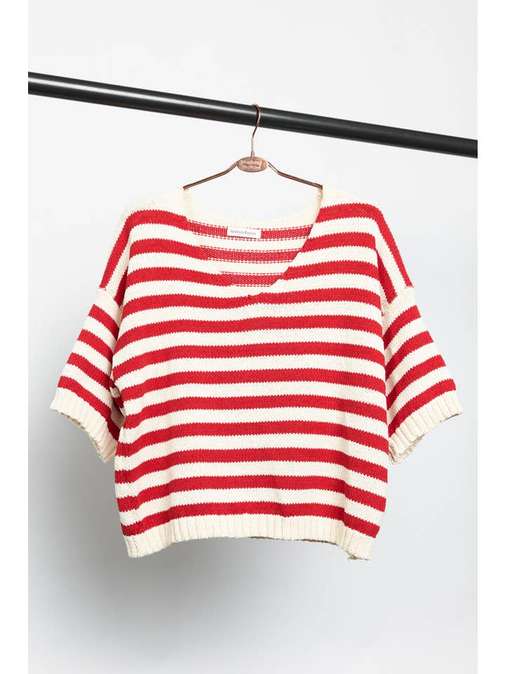 Newbury Kustom - Wholesale Knit Top - Women's - 11300-Striped Short Sleeve V-Neck Knit Top8