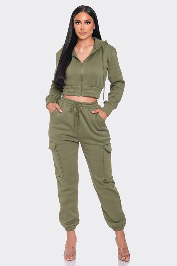 Lime All the Time – Engroshandel Top- og buksesæt (IKKE Loungewear) - Dame – 2 stk beskåret lynlås hættetrøje og Cargo Jogger Bukser Sæt19