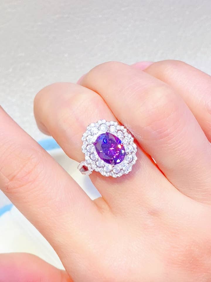 2 Carat Purple Oval-Cut Purple Oval-Cut Moissanite Pure Sterling Silver Halo Ring for wholesale by Sparkala