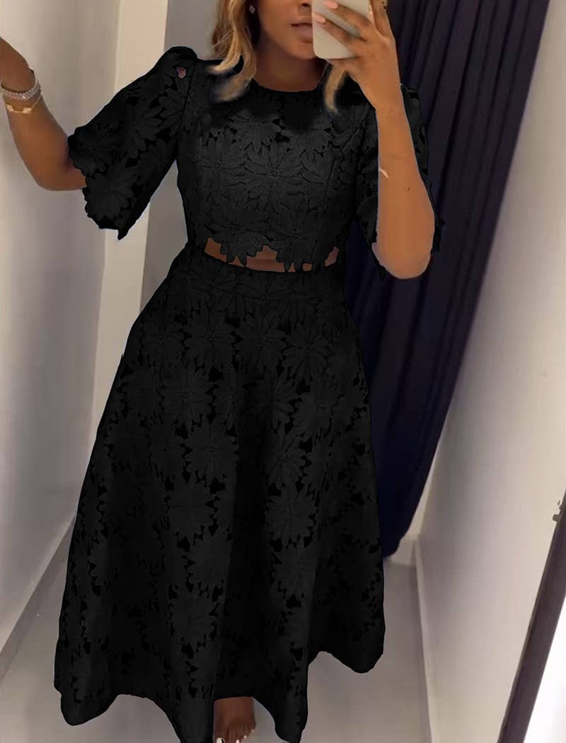 EmberLoom - Wholesale Top & Skirt Set - Women's - Floral Cut-Out Top and Midi Skirt Ensemble3