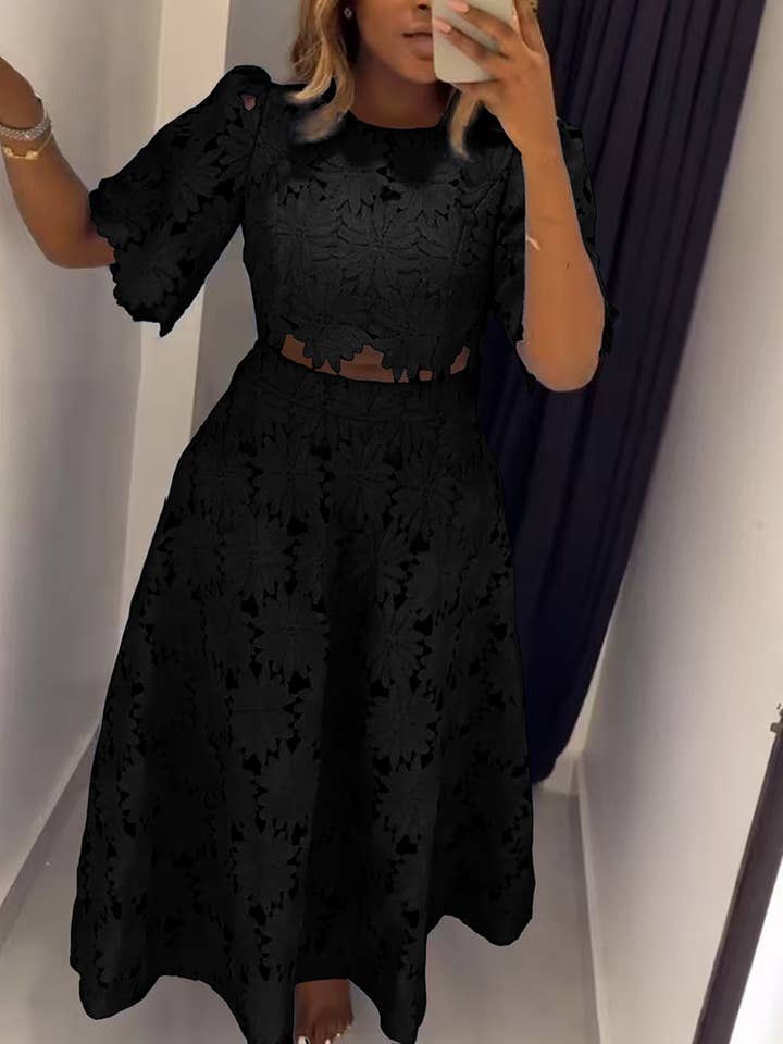 EmberLoom - Wholesale Top & Skirt Set - Women's - Floral Cut-Out Top and Midi Skirt Ensemble3