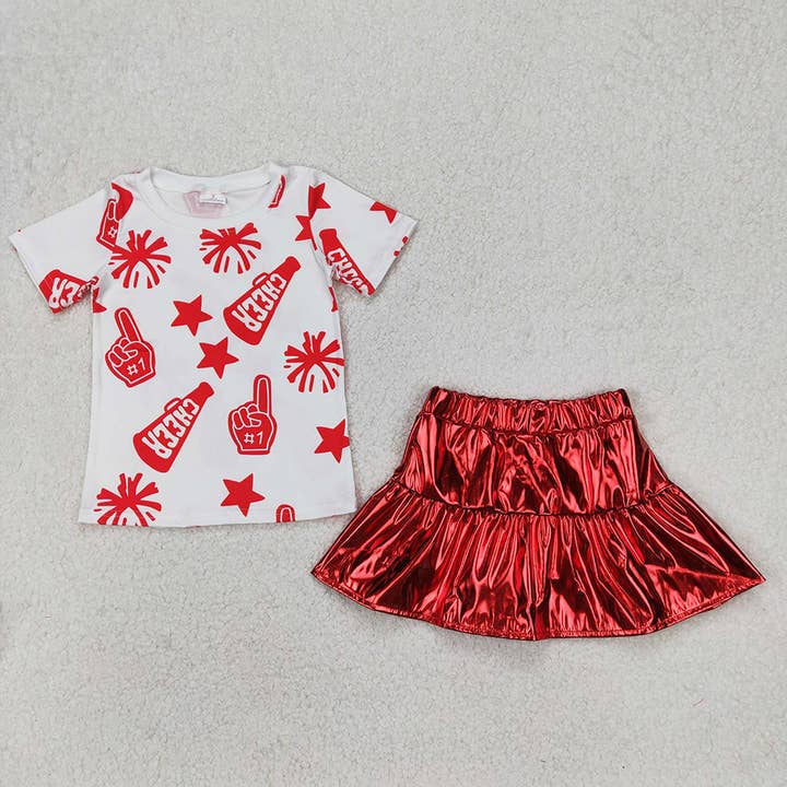 Baby Girls Cheer Shirt Red Leather Metallic Skirts Clothes Sets for wholesale by Aier Wholesale
