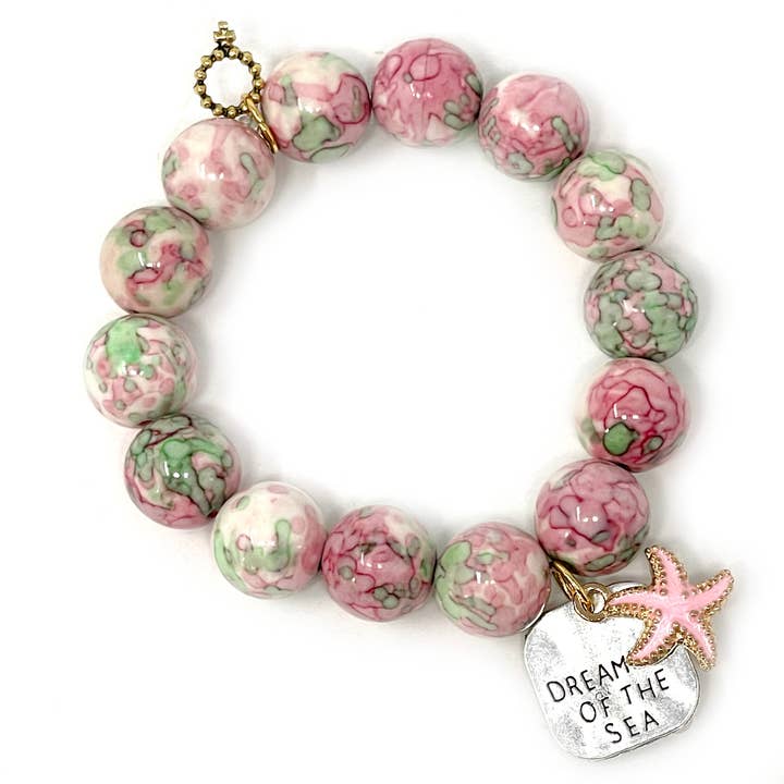 Ágata de acuarela rosa y verde con el sueño del mar y una estrella de mar rosa para venta al por mayor de PowerBeads by jen