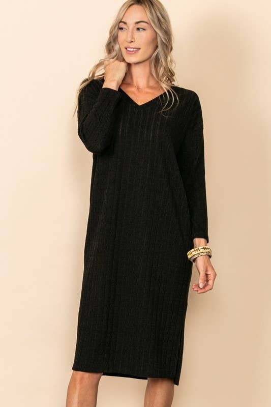 Elloh Collection - Wholesale Dress - Women's - Comfy Long Sleeve V Neck Knit Dress with Side Slits8