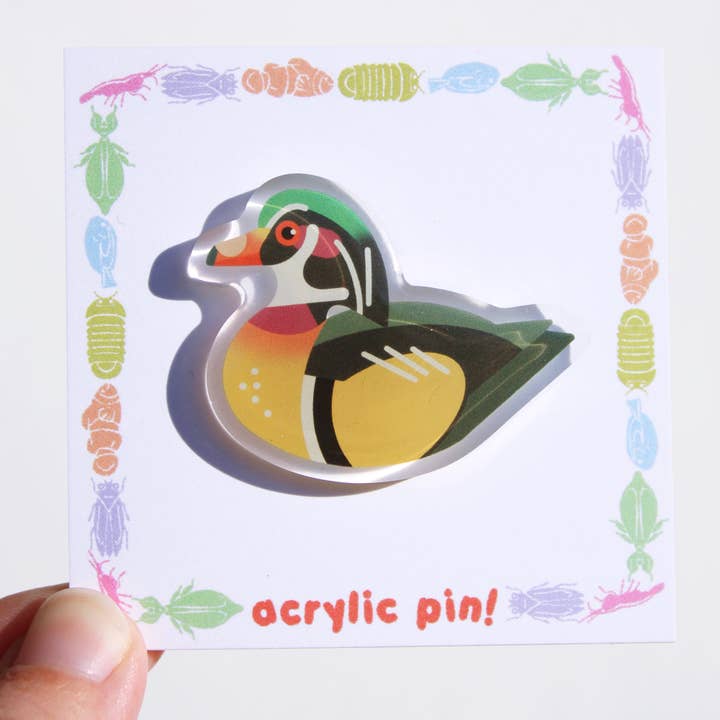 Wood Duck Acrylic Pin for wholesale by Microbiome Arts
