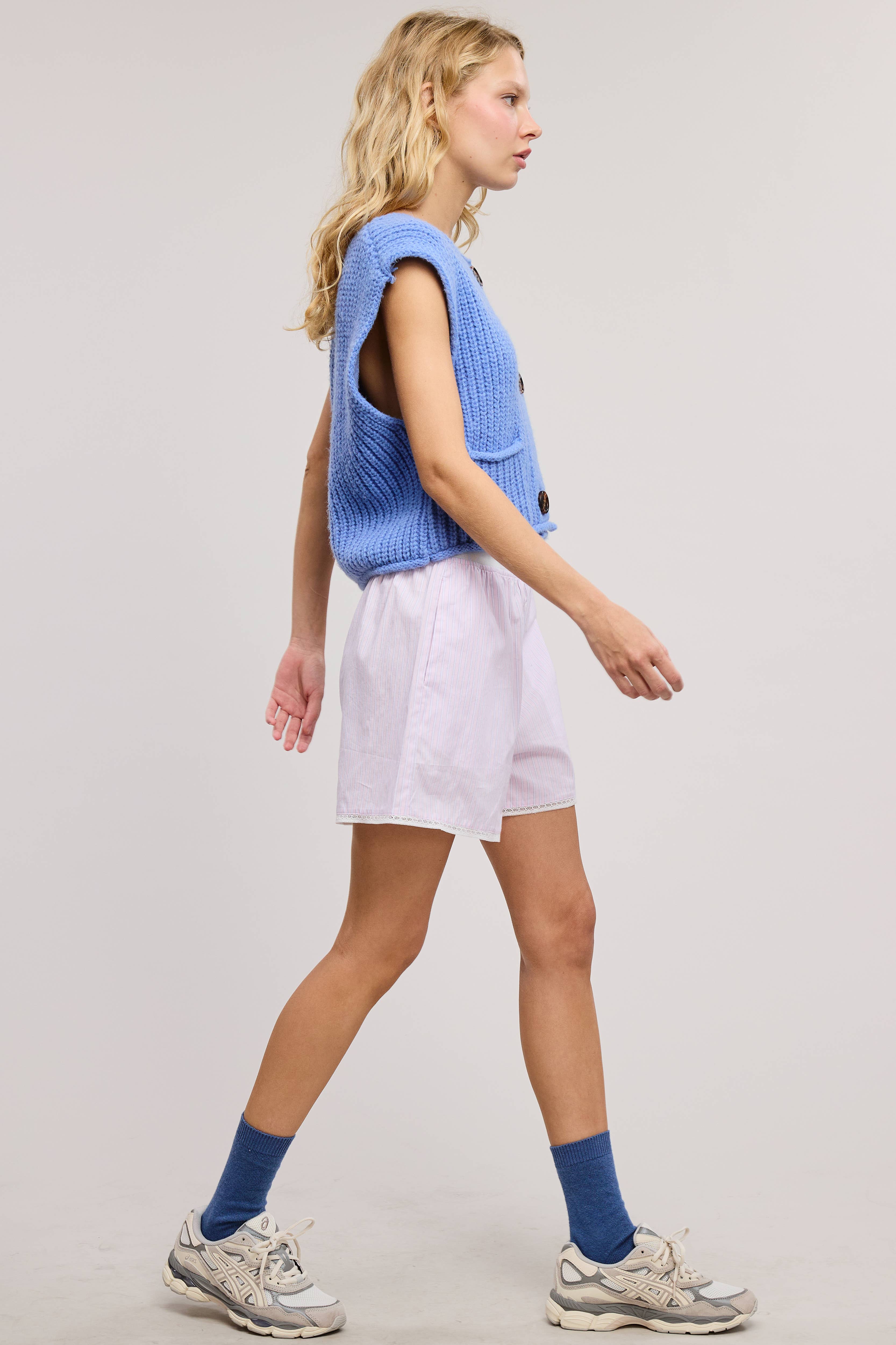 Mimosa - Wholesale Shorts - Women's - Scalloped Lace Hem Striped Boxer Style Shorts16