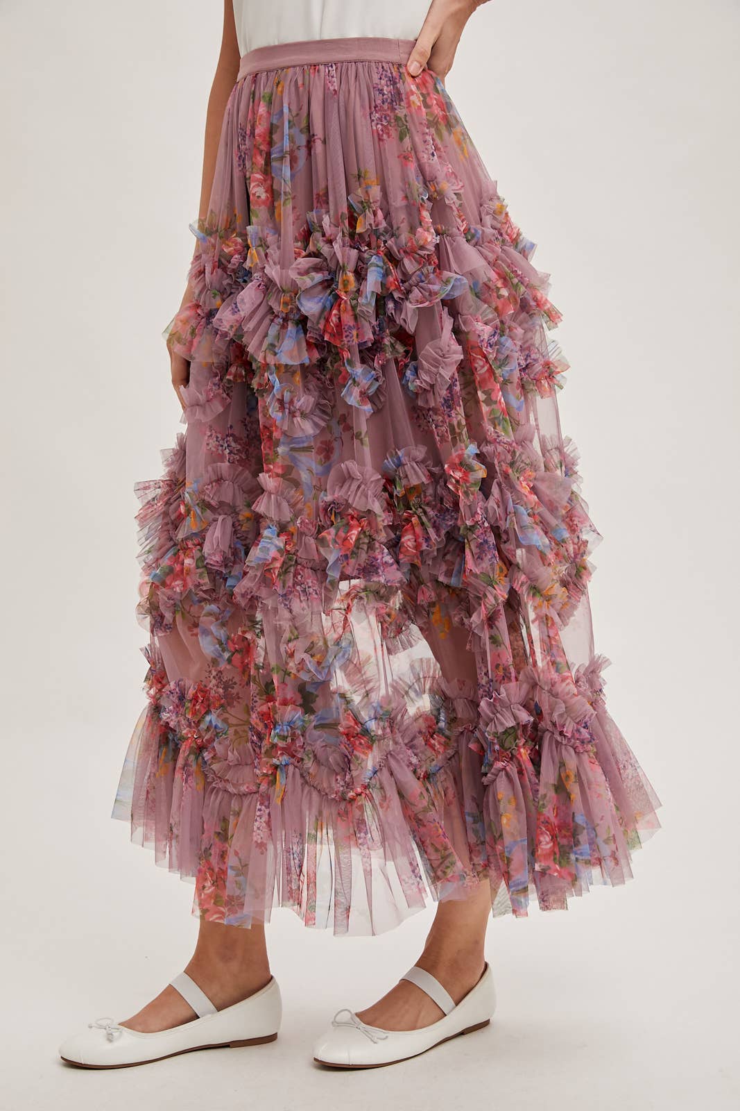 Bluivy - Wholesale Skirt - Women's - FLORAL RUFFLED MESH MIDI SKIRT17