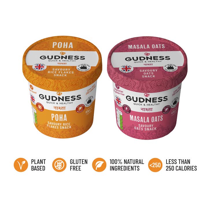 Gudness – wholesale Breakfast cereal – Gudness Poha - Vegan Savoury snack ( x 8 Pots)