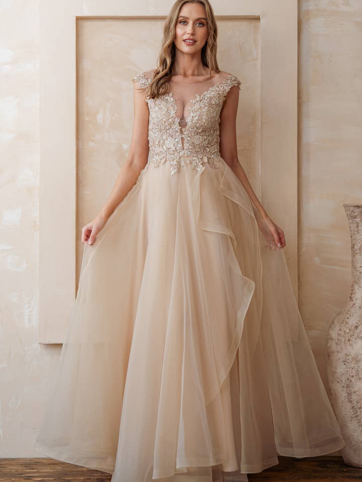 Rosemore Couture - Wholesale Gown - Women's - FLORAL EMBROIDERED TULLE MESH MAXI
