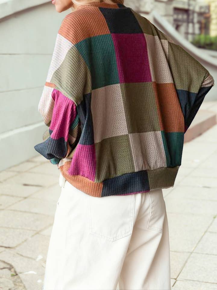 1 the Woman - Wholesale Knit Top - Women's - Checkered Print Textured Knit Long Sleeve Loose Top3