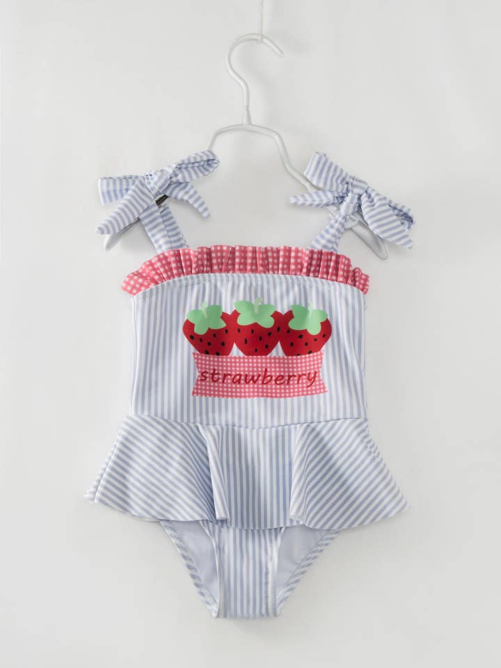 littleoneusa - Wholesale One Piece Swimsuit - Kids - Blue Stripe Strawberry Ruffle Girl One Piece Swimsuit