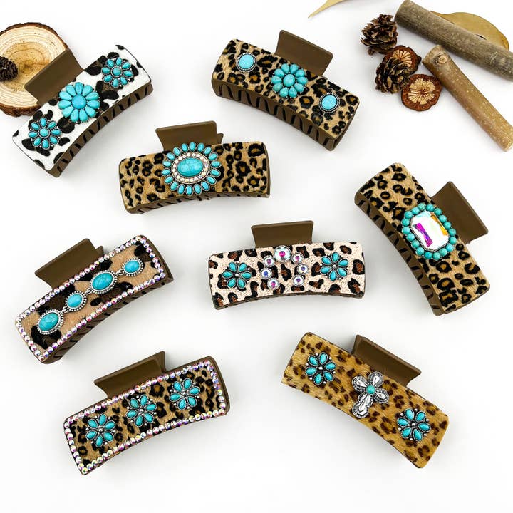 Boho turkos leopardmönstrat hårklämma i läder för wholesale av mildstyles