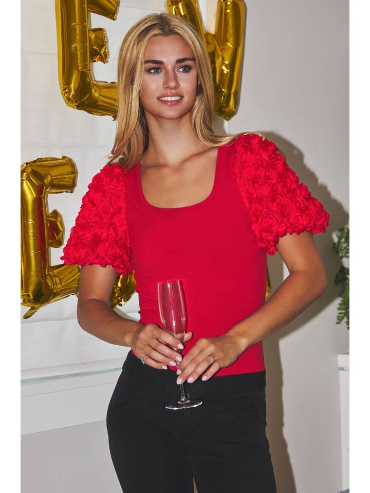 Oddi - Wholesale Bodysuit - Women's - Rose Petal Bubble Sleeve Ribbed Knit Bodysuit