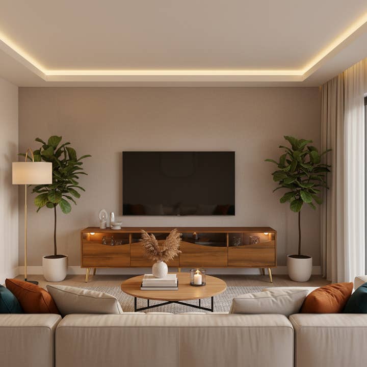 Urban Meuble - Wholesale Console Table - Retro walnut-effect TV stand with LED lighting and gold metal legs PROKARYOT2