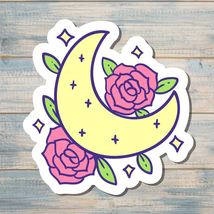 Yellow Crescent Moon Sticker, Pink Flowers, Die Cut Sticker, Graphic Art Sticker, Vinyl, , Inspire Motivate |Sticker or Magnet for wholesale by Handmade by Marlayna