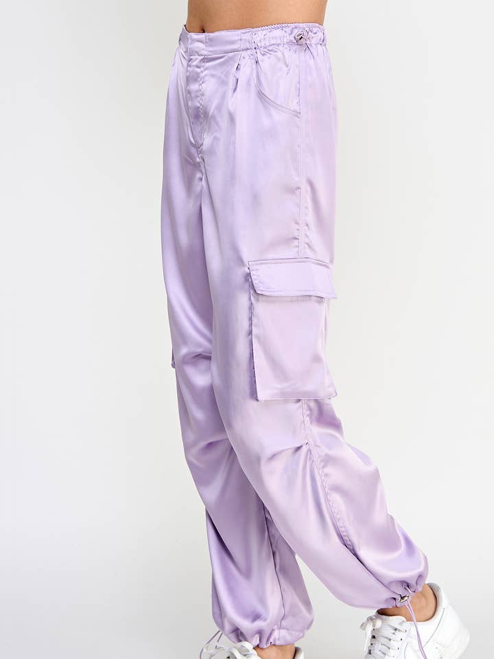 Straight Leg Drawstring Detail Satin Cargo Pants for wholesale by Strut & Bolt
