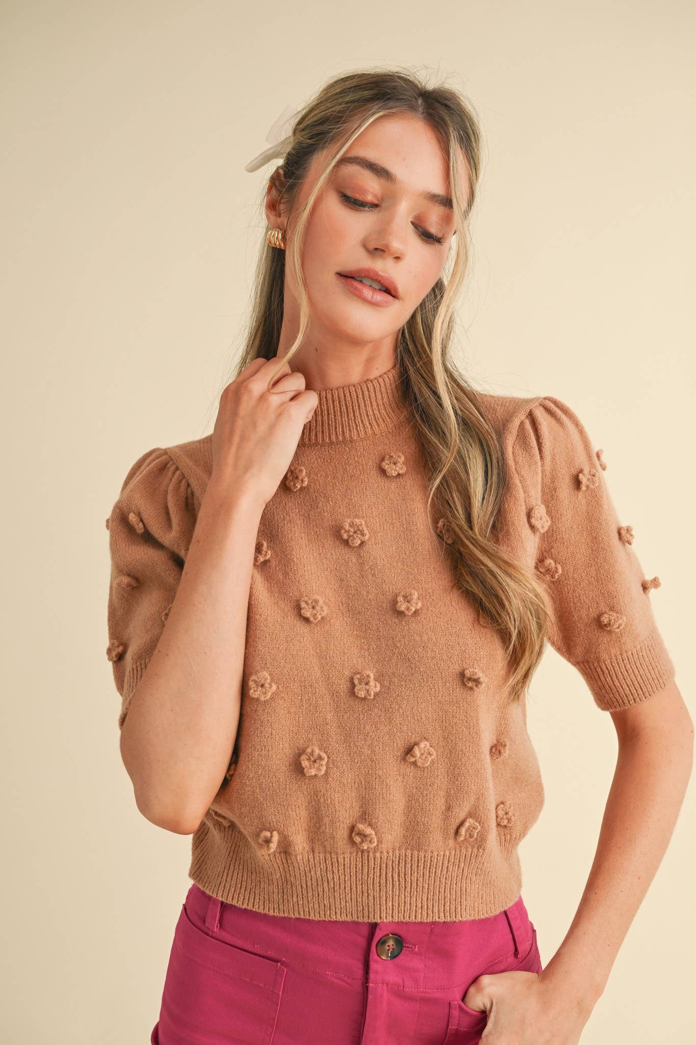 &MERCI - Wholesale Knit Sweater - Women's - 3D FLORAL KNIT SHORT SLEEVE SWEATER MSW1053711