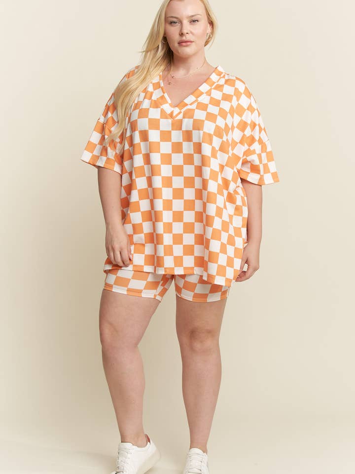 JADE BY JANE PLUS - Wholesale Lounge Set - Women's - PLUS SIZE SHORT SLV V-NECK / SHORTS CHECKERBOARD SET4