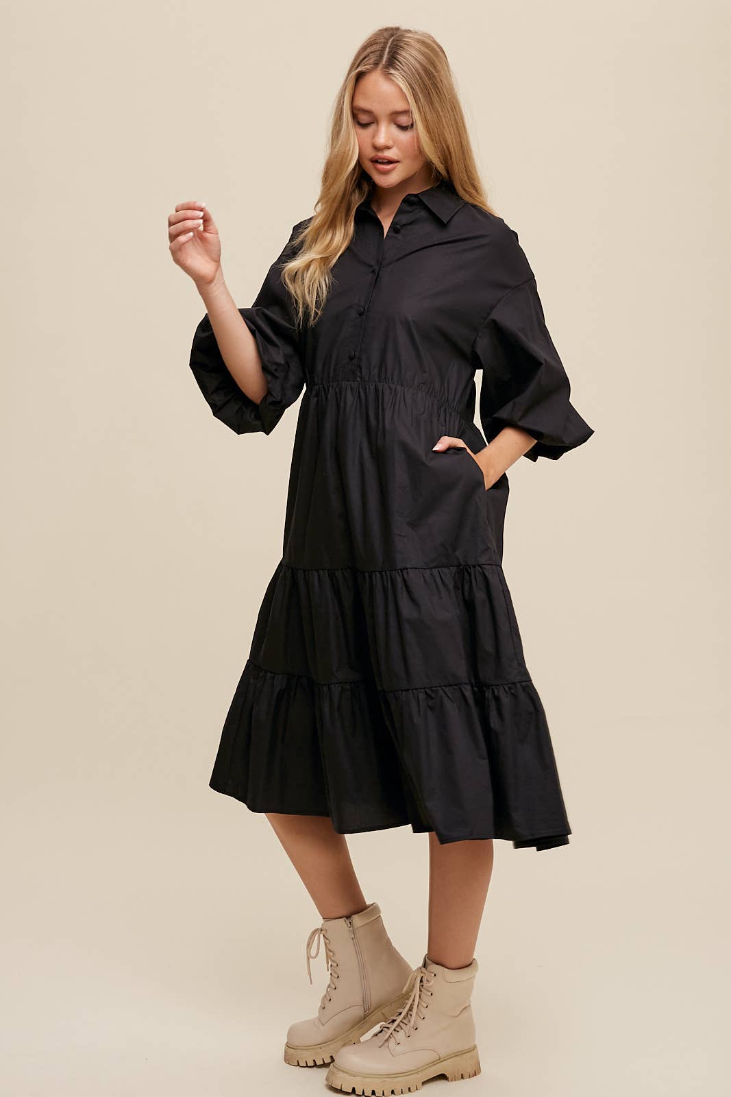 Listicle - Wholesale Dress - Women's - Tiered Poplin Shirt Dress6