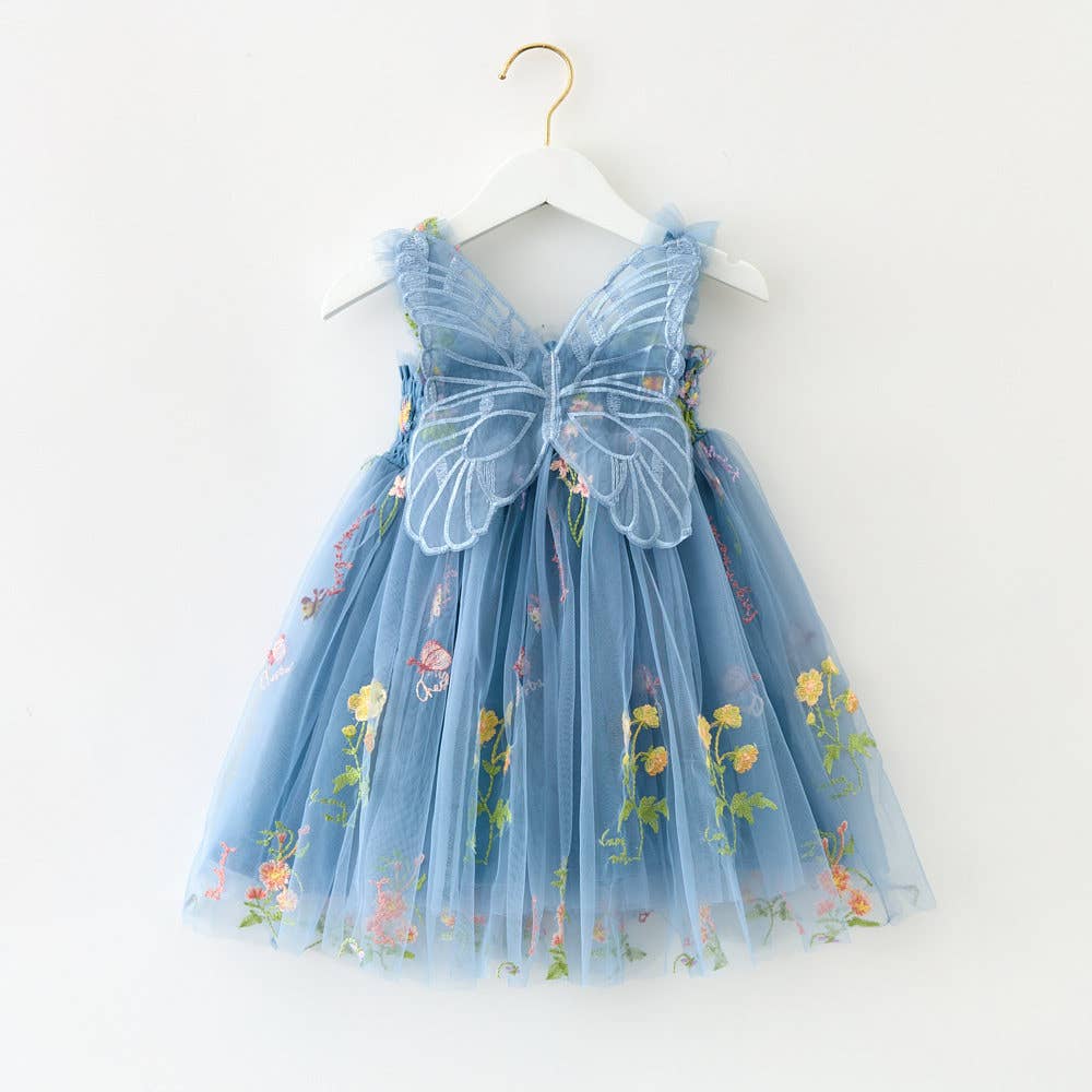 Little Trendy - Wholesale Dress - Kids - Girls floral embroidery mesh dress with butterfly wings 4
