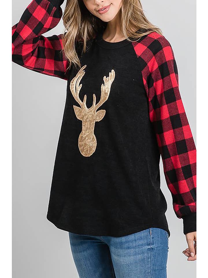 ROUSSEAU - Vendita all'ingrosso Maglietta - Donna - TOP A CONTRASTO CON STAMPA A QUADRI E RENNE CON PAILLETTES1