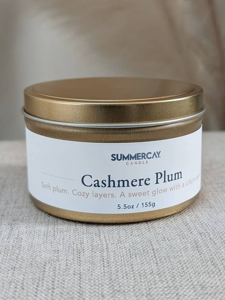 Cashmere Plum | 5.5 oz Gold Tin Soy Candle for wholesale by SummerCay Candle