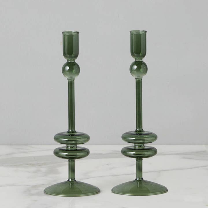 etúHOME - Wholesale Candle Holder - Emerald Green Glass Taper Candlestick Holder Pair, Medium