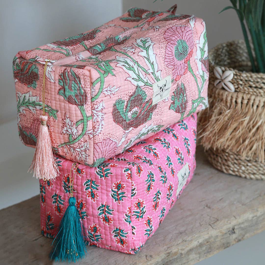 Love Ibiza - Vente Trousse de toilette – femme - Trousse de toilette en coton à imprimé blockprint Fez été rose M1
