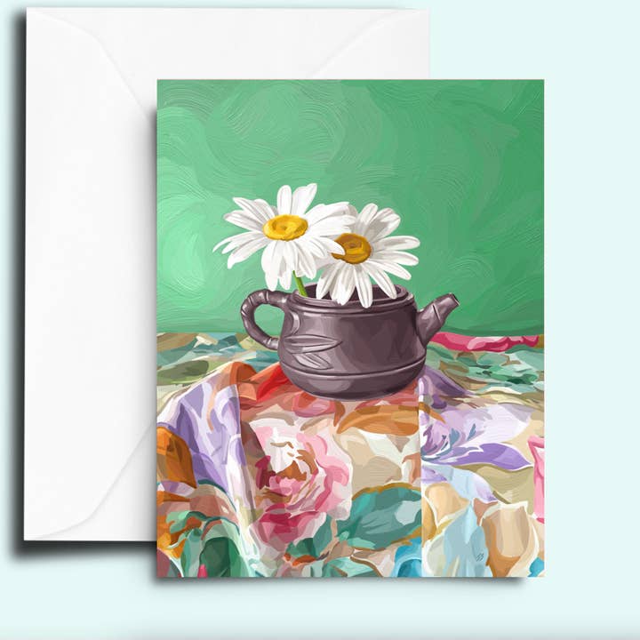 Daisies in Chinese Teapot Greeting Card for wholesale by Shannon Smith Artwork
