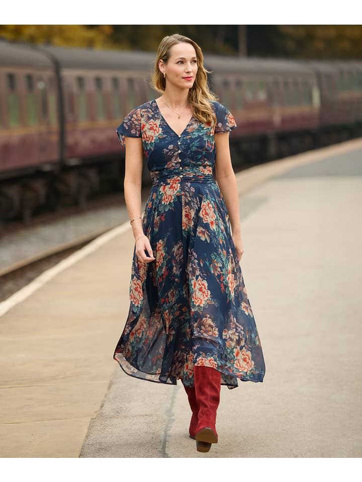 Blue Rowena Floral Georgette Dress for wholesale on Faire2