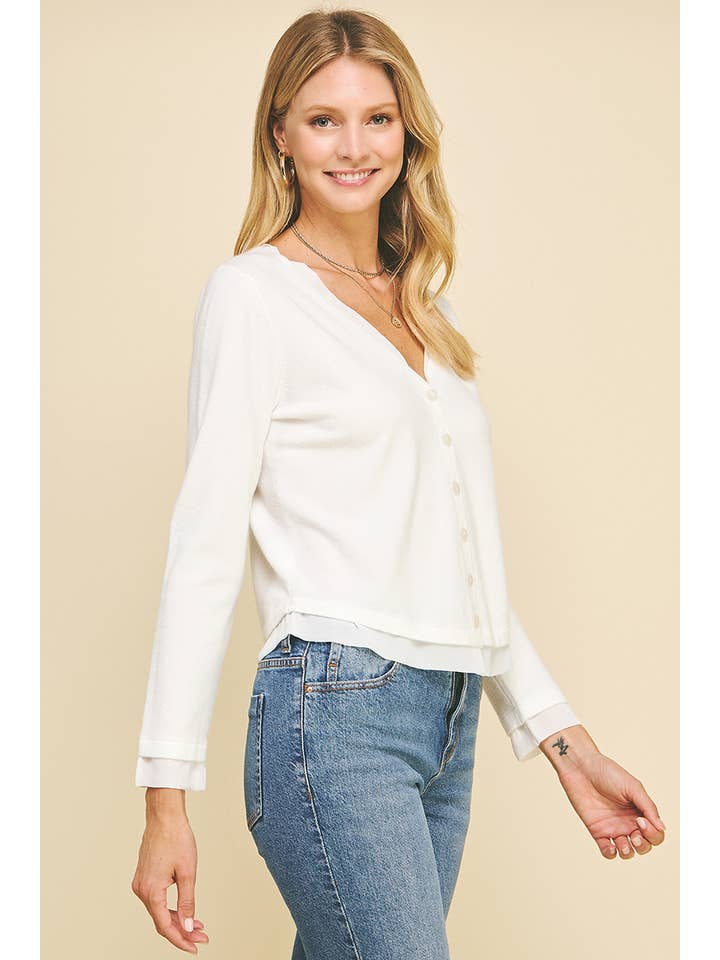 PINCH - Wholesale Knit Top - Women's - V-NECK WOVEN COMBO CARDIGAN TOP - 5831W19