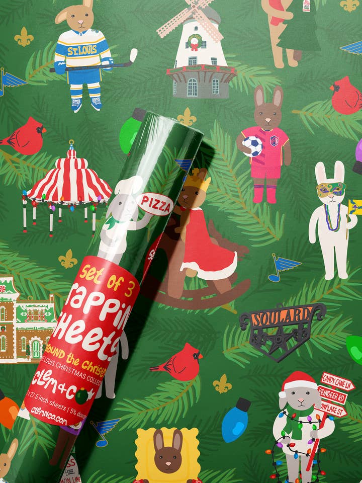 Holiday Gift Wrap: "Hoppin' Around the Christmas Tree," A Saint Louis Christmas Collection for wholesale by Clem & Co.