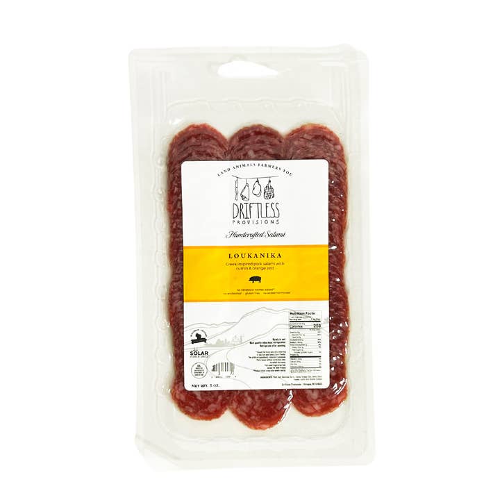 Pre-Sliced Loukanika Salami - 3oz for wholesale by Driftless Provisions
