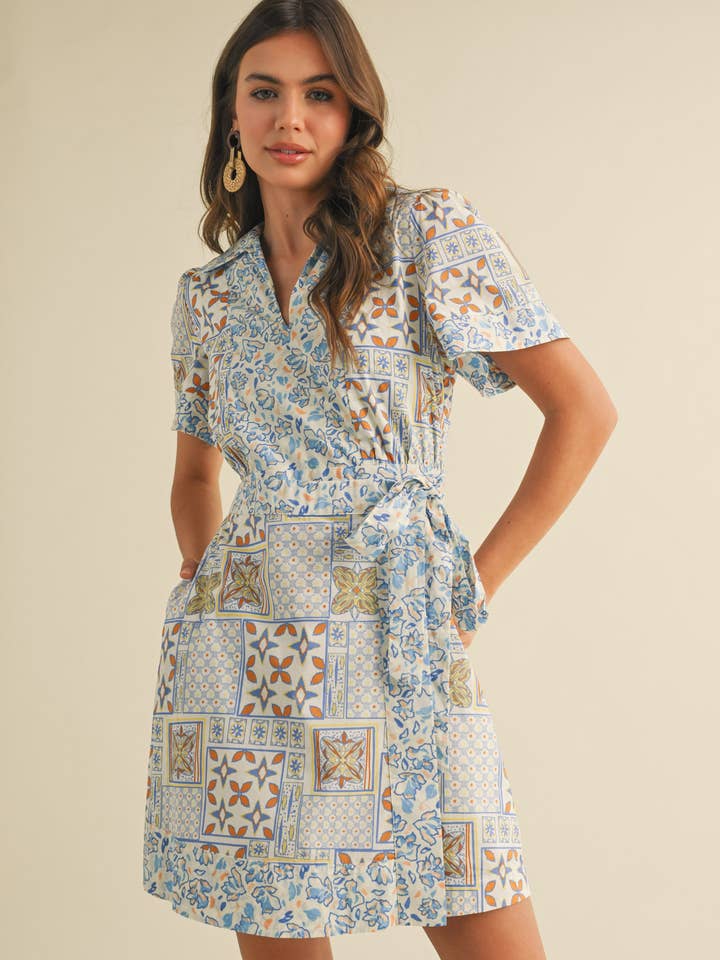 &MERCI - Wholesale Dress - Women's - MIXED PRINT FAUX WRAP MINI DRESS MDR4038