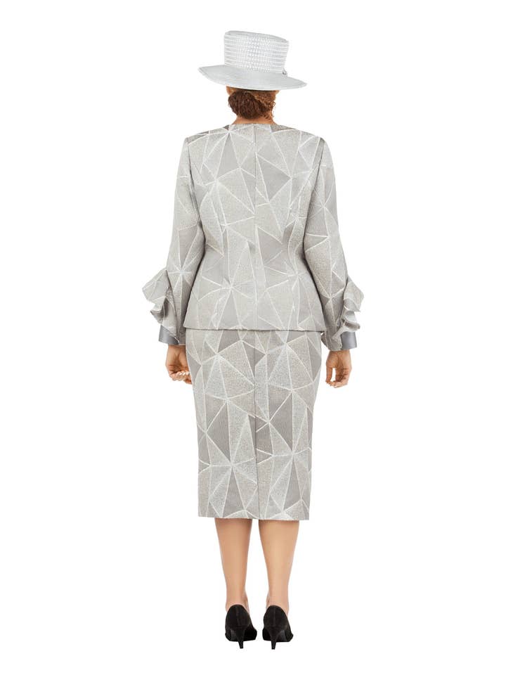 SILVER 3pc Geometric Ptn Brcd Skt Suit w/ Stones-Plus for wholesale on Faire