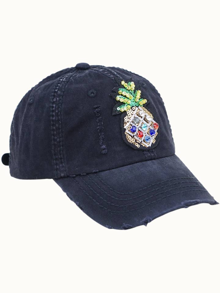 Gorra Desgastada con Brillo de Piña Adornada con Joyas, Ajustable para venta al por mayor de Olive & Pique