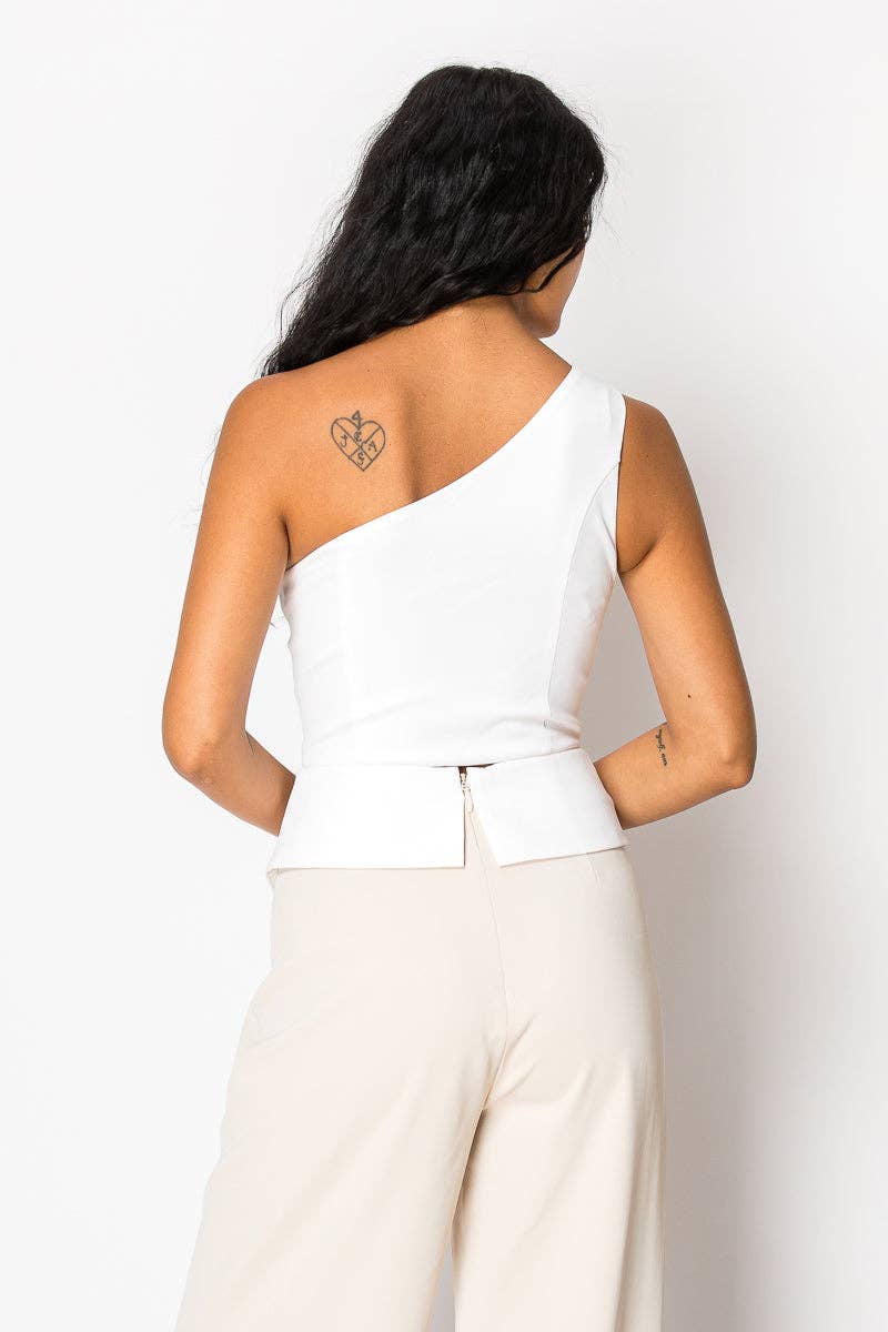 Beige Contrast Wide Pant Set With One Shoulder Top for wholesale on Faire9