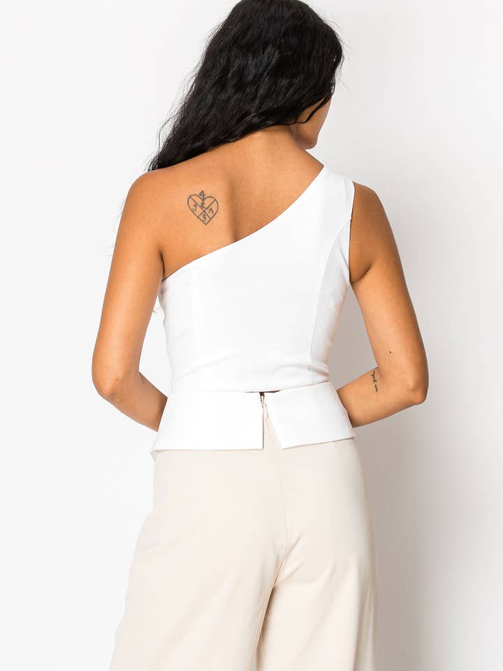 Beige Contrast Wide Pant Set With One Shoulder Top for wholesale on Faire9