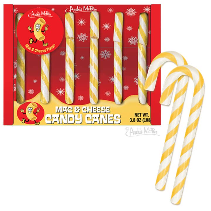 Archie McPhee Mac & Cheese Flavored Candy Canes 3.8oz - 12ct for wholesale by I Got Your Candy