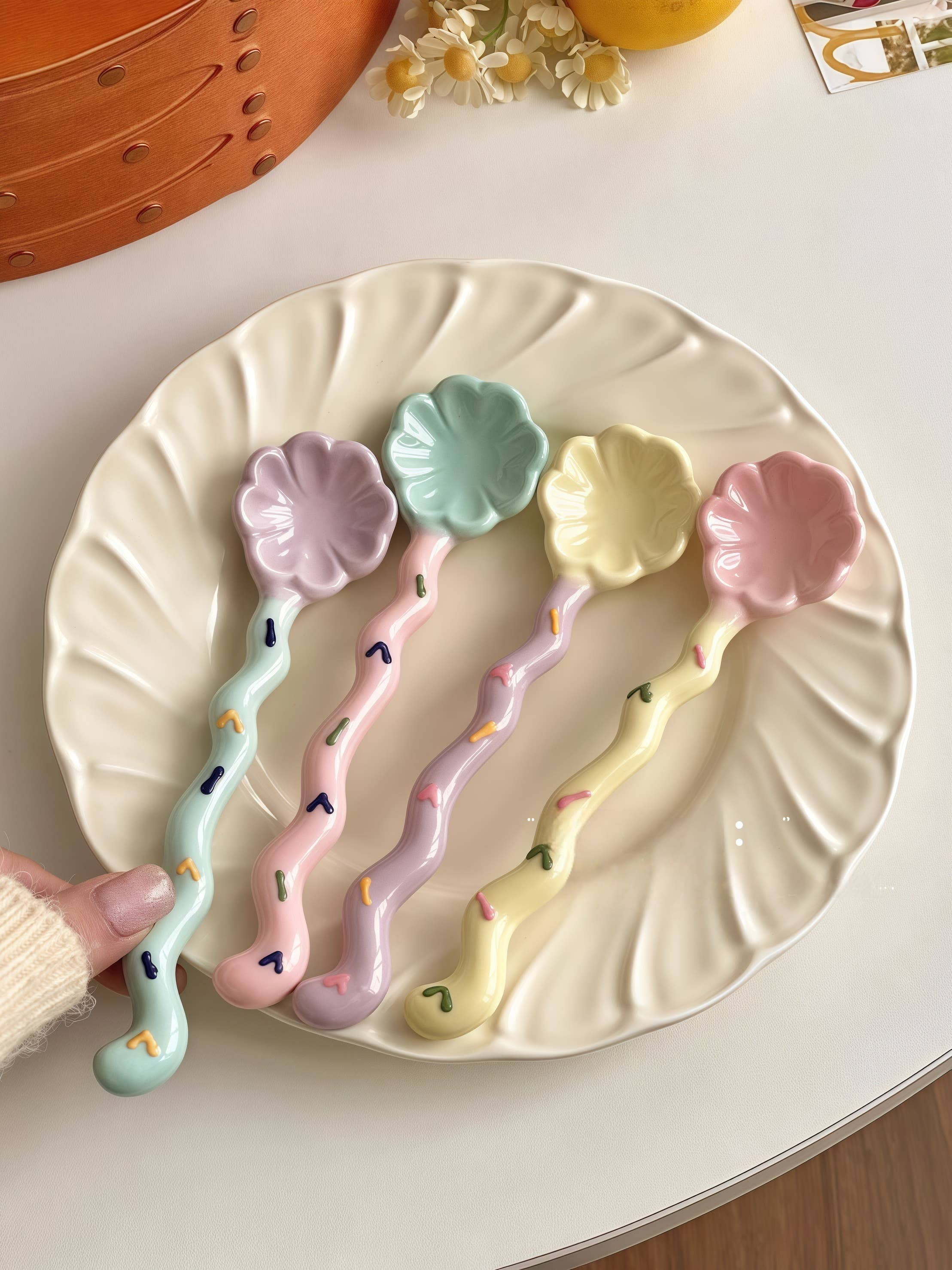 Otterware - Wholesale Table Spoon (Cutlery) - Whimsical Wavy Handle Flower Ceramic Dessert Spoons 4 colors6