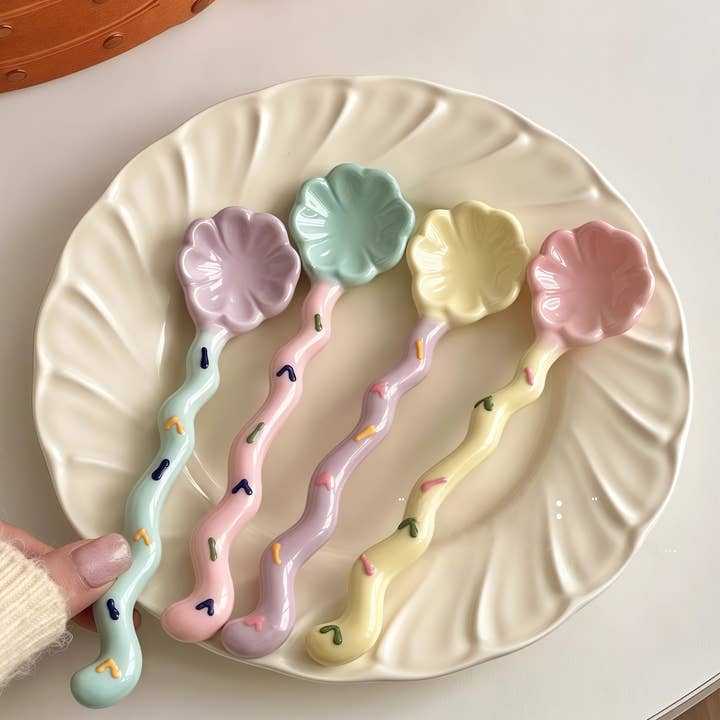 Otterware - Wholesale Table Spoon (Cutlery) - Whimsical Wavy Handle Flower Ceramic Dessert Spoons 4 colors6