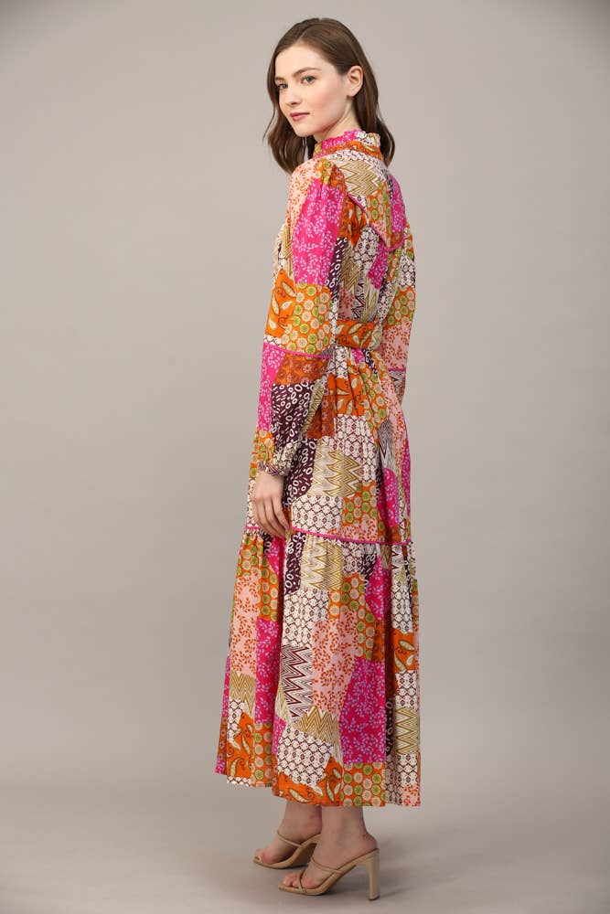 FUCHSIA/ORANGE/LILLA MIDIKJOLE I PATCHWORK BOMULDSDETALJER MED BÆLTE FD32154 for engroshandel på Faire5