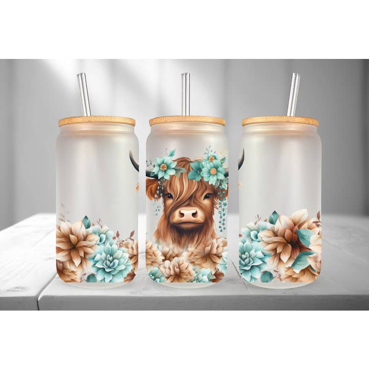 Dogwood Graphics & Design - Wholesale Drinking Glass/Cup - Teal Highland Cow Frosted Libbey Can Glass 16oz
