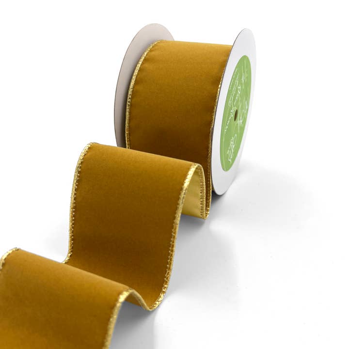 May Arts Ribbon - Wholesale Ribbon - Gift Wrapping - 2.5" Antique Gold Velvet Reversible Gold Wired Ribbon