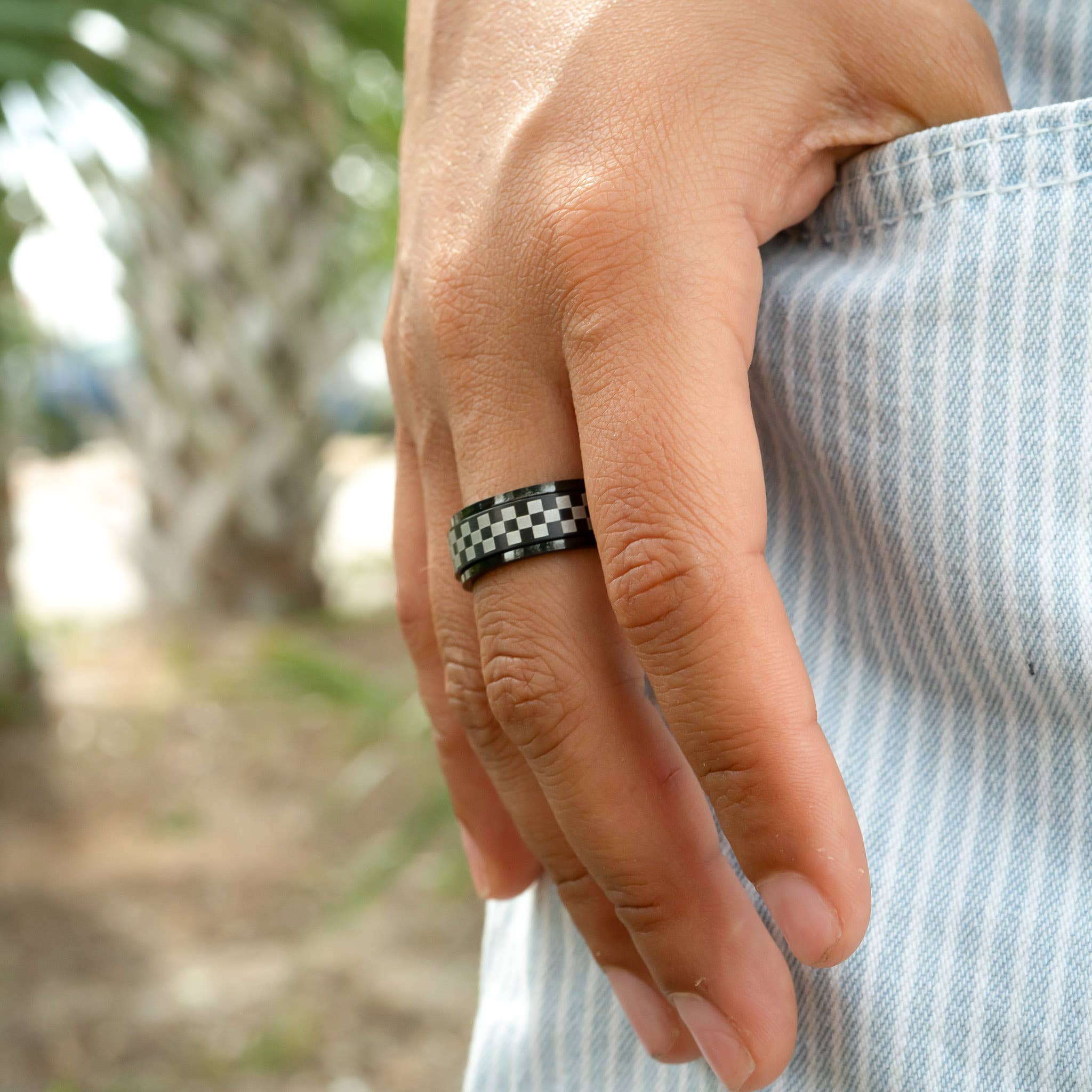 WJW - Wholesale Band/Stacked Ring - Black Checker Stainless Steel Spinner Ring9