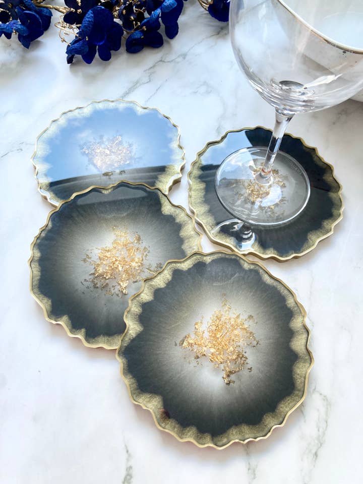 Pearly Black and Gold Resin Coasters, Agate Geode Style for wholesale by Stray Resin